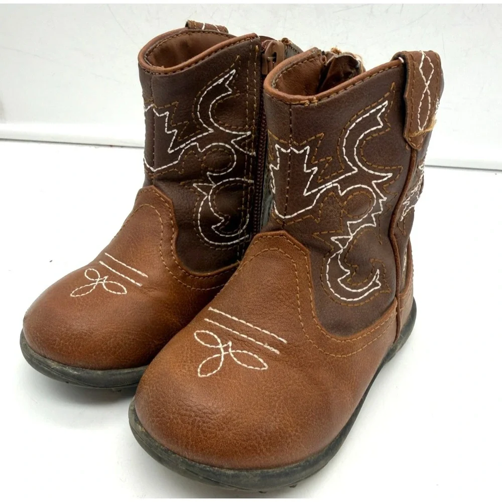 Wonder Nation Cowboy Boots Western Brown Faux Leather Side Zip | Toddler Size 6